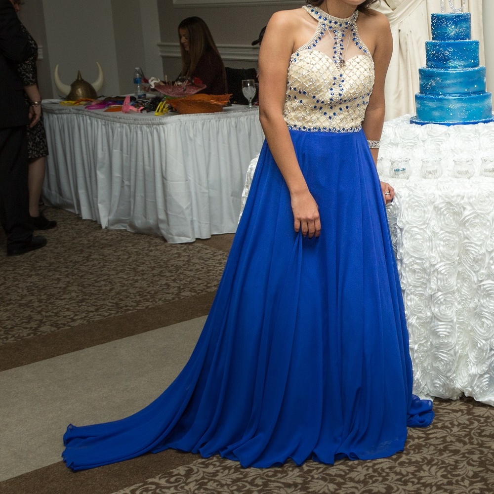 Royal blue embellished chiffon prom dress